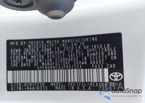 2018 Toyota Corolla Se из США, поврежденный, VIN 5YFBURHE9JP842554